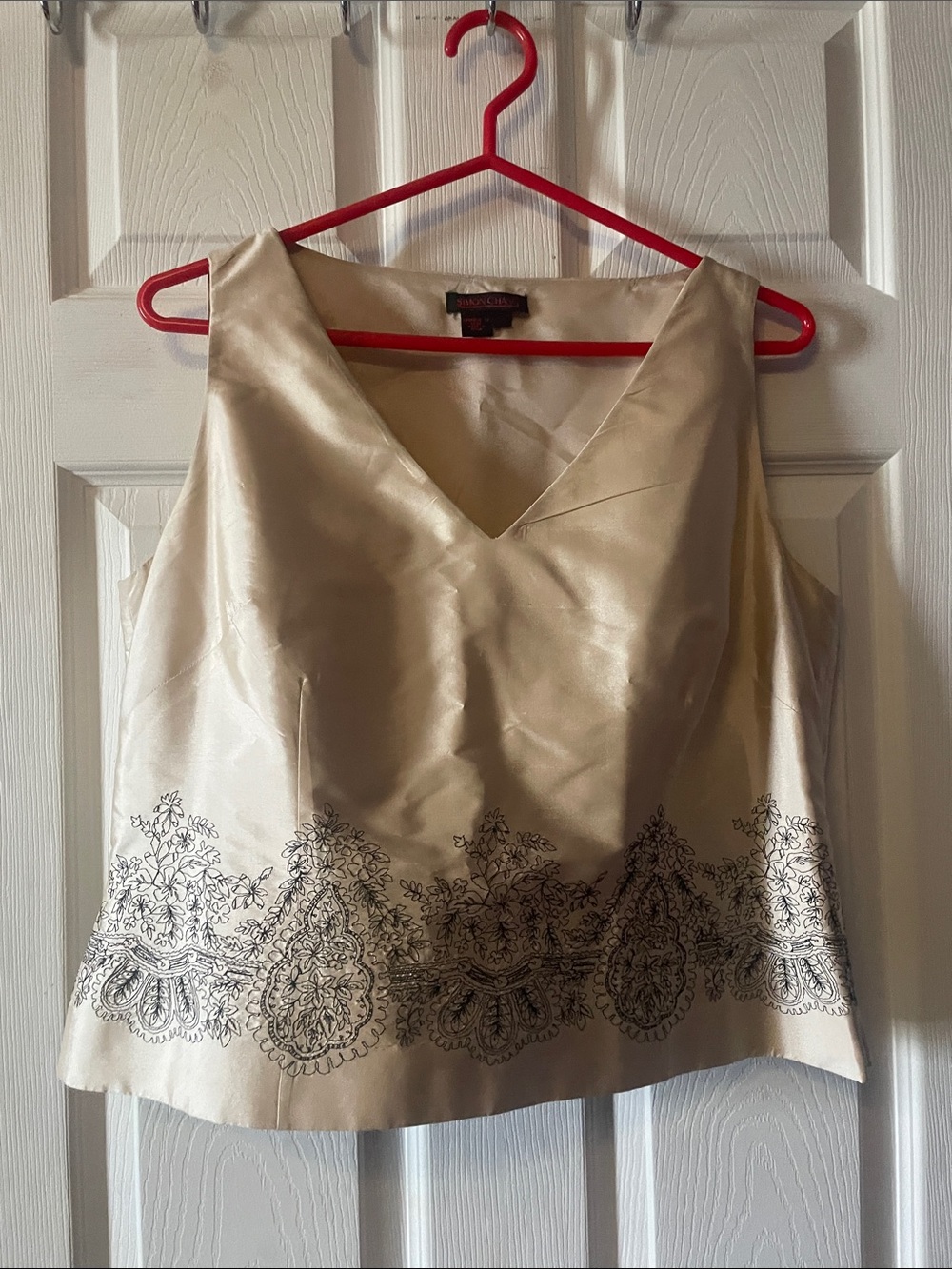 Simon Chang Cream Satin V-Neck Camisole with Black Embroidered Border